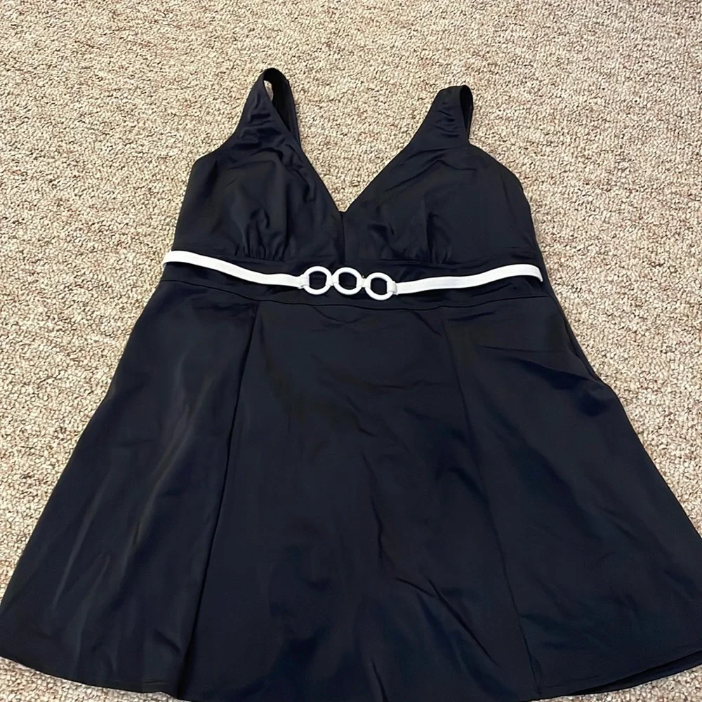 Always for me ring one piece swimsuit with skirt in black and white - Picture 1 of 5